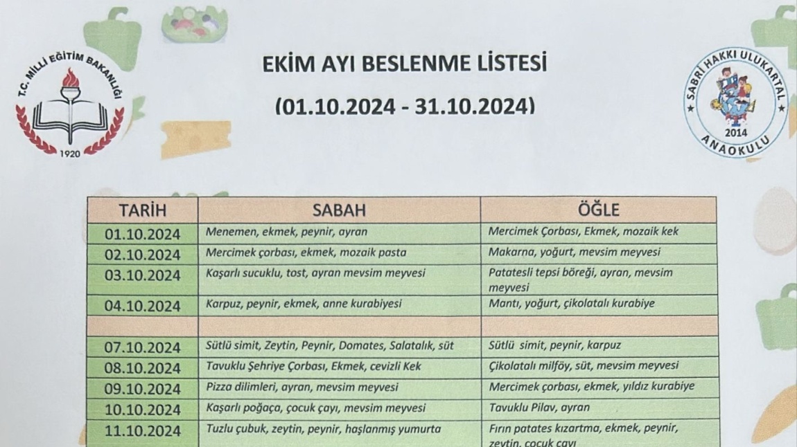 Ekim 2024 BESLENME LİSTESİ